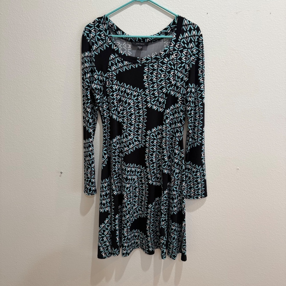Karen Kane Womens Geometric Mosaic Print Long Sleeve A-Line Dress Black Teal L